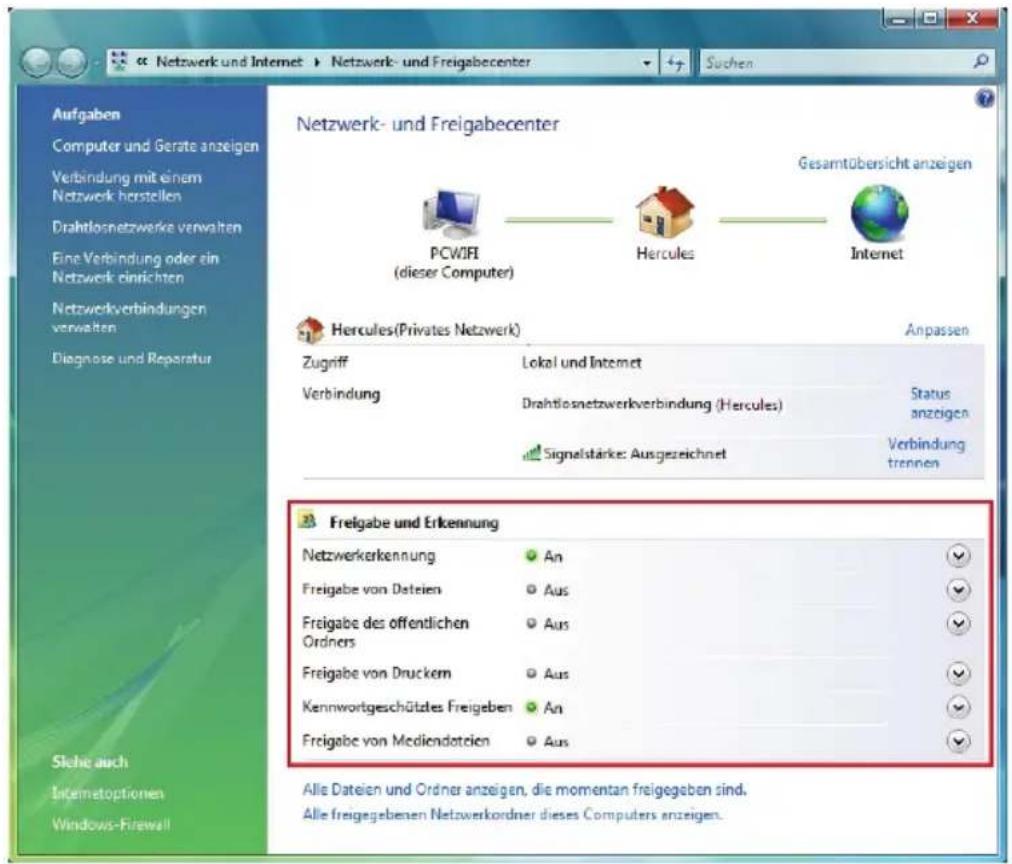 Netzwerk- und Freigabecenter Gesamtübersicht anzeigen PCWIFI (dieser Computer) Hercules Internet Hercules(Privates Netzwerk) Anpassen Zugriff Verbindung Lokal und Internet Drahtlosnetzwerkverbindung (Hercules) Status anzeigen Signalstärke: Ausgezeichnet Verbindung trennen Freigabe und Erkennung Netzwerkerkennung An Freigabe von Dateien Aus Freigabe des öffentlichen Ordners Aus Freigabe von Druckem Aus Kennwortgeschüttes Freigeben An Freigabe von Mediendateien Aus Sichte auch Internetoptionen Windows-Firewall Alle Dateien und Ordner anzeigen, die momentan freigegeben sind. Alle freigegebenen Netzwerkordner dieses Computers anzeigen.