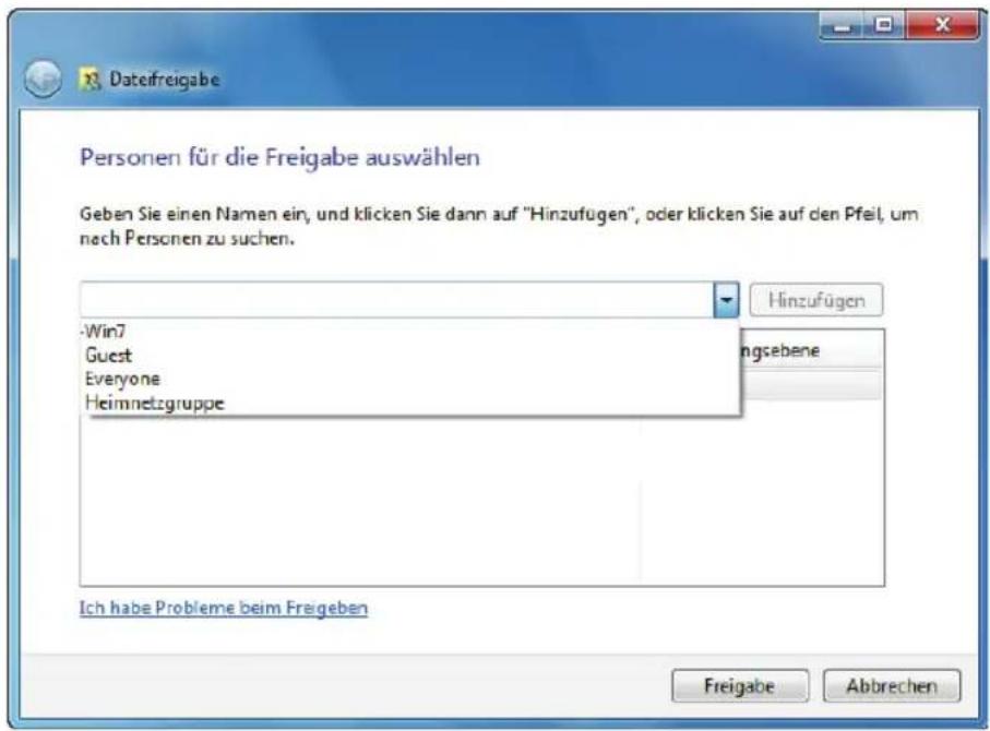 Dateifreigabe Personen für die Freigabe auswählen Geben Sie einen Namen ein, und klicken Sie dann auf "Hinzufügen", oder klicken Sie auf den Pfeil, um nach Personen zu suchen. Hinzufügen Win7 Guest Everyone Heimnetzgruppe ngsebene Ich habe Probleme beim Freigeben Freigabe Abbrechen