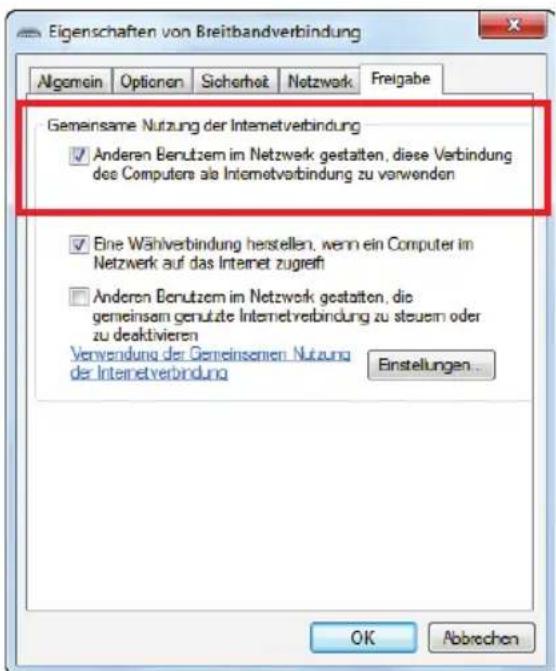 Eigenschaften von Breitbandverbindung Algemein Optionen Sicherheit Netzwerk Freigabe Gemeinsame Nutzung der Internetverbindung ✓ Anderen Benutzern im Netzwerk gestalten, diese Verbindung des Computers als Internetverbindung zu verwenden ✓ Eine Wählerbindung herstellen, wenn ein Computer im Netzwerk auf das Internet zugreif ☐ Anderen Benutzern im Netzwerk gestalten, die gemeinsam genutzte Internetverbindung zu steuern oder zu deaktivieren Verwendung der Gemeinsemien Nutzung der Internetverbindung Einstellungen . OK Abbrechen
