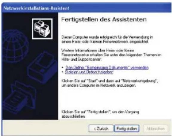 Netzwerkinstallations-Assistent Fertigstellen des Assistenten Dieser Computer wurde erfolgreich für die Verwendung in einen Heinz- oder kleinen Finennetwork eingesichert. Weitere Informationen über Heinz- oder kleine Finennetworksle erhalten Sie unter den folgenden Themen im Hille- und Supportcenter: • Den Ordiner "Samanama Odnumenta" verwenden • Daten und Ordiner fesgeber! Klicken Sie auf "Start" und dann auf "Netzwerkgebung", un andere Computer im Netzwerk anzuzeigen. Klicken Sie auf "Fertig stellen", um den Vorgang abzuschließen. < Zurück Fortig stellen Abturschen