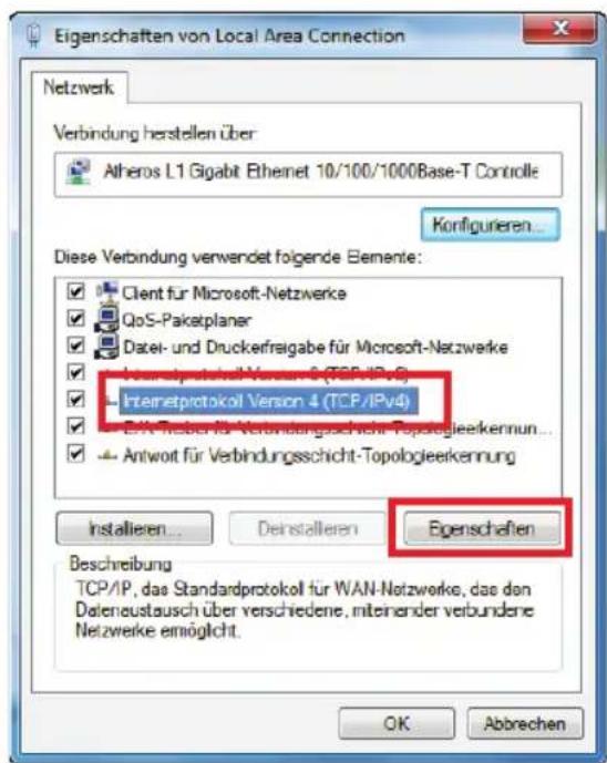 Eigenschaften von Local Area Connection Netzwerk Verbindung herstellen über Atheros L1 Gigabit Ethernet 10/100/1000Base-T Controle Konfigurieren... Diese Verbindung verwendet folgende Elemente: Client für Microsoft-Netzwerke QoS-Paketplaner Datei- und Druckerfragabe für Microsoft-Netzwerke Internetprotokoll Version 6 (TCP/IPv4) Interpretprotokoll Version 4 (TCP/IPv4) EXN Treben für Verbindungsschicht-Topologieerkennung Antwort für Verbindungsschicht-Topologieerkennung Installieren... Deinstallieren... Eigenschaften Beschreibung TCP/IP, das Standardprotokoll für WAN-Netzwerke, das den Dateneustausch über verschiedene, miteinender verbundene Netzwerke ermöglicht. OK Abbrechen