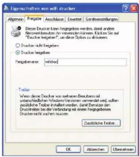 Eigenschaften von wifi drucker Allgemein Freigabe Anschluss Erweiter Gesteneinstellungen Dieser Drucker kann freiegeben werden, damit andere Netzwerkbenzen im verwenden können. Klicken Sie auf "Drucker treiben", um diese Option zu aktivieren. Drucker nicht freieben Drucker treiben Freigebenanse: weldud Träbe Wenn diese Drucker von mehreren Betutzen mit unterschiedlichen Windows-Versionen verwendet wird, sollten zusätzliche Treiber installiert werden, damit Benutzer den Drucktreiber bei der Verbindung auf einem freiegebenen Drucker nicht suchen müssen. Zusätzliche Treiber... OK Abstrechen Überehen