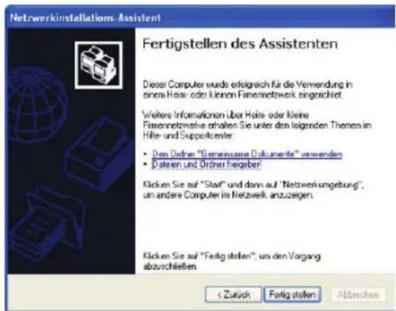 Netzwerkinstallations-Assistent Fertigstellen des Assistenten Dieser Computer wurde erfolgreich für die Verwendung in einem Heir- oder kleinen Firmennetwork eingereitet. Weitere Informationen über Heir- oder keine Firmennetworksle erhalten Sie unter den folgenden Themen im Hilfe- und Supportcenter. • Den Ordner "Gemensame Dokumente" verwenden • Datenen und Ordner freiges! Klicken Sie auf "Stadt" und dann auf "Netzwerkumgebung", um andere Computer im Netzwerk anzuzeigen. Klicken Sie auf "Fertig stellen", um den Vorgang abzuschließen. < Zurück Fortig stellen Abtrechen