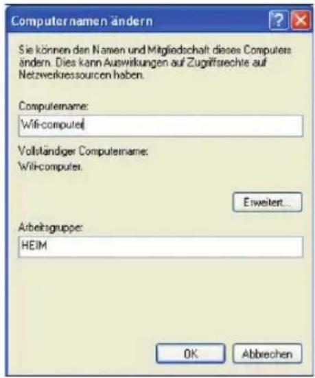 Computer namen ändern Sie können den Namen und Mitgliedschaft dieses Computers ändern. Dies kann Auswirkungen auf Zugriffsrechte auf Netzwerkressourcen haben. Computername: Wif-computerl Vollständiger Computername: Wil-computerl Erweitert... Arbeitsgruppe: HEIM OK Abbrechen