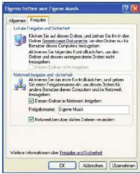 Eigenschaften von Eigene Musik Allgemein Freigebe Lokale Freigebe und Sicherheit Klicken Sie auf diesen Ordner, und ziehen Sie ihn in den Ordner Gesesamt Dokumente, um den Ordner nur für Benutzer dieses Computers freizugeben. Aktiven Sie folgendes Kontralkästchen, um den Ordner und dessen untergeordnete Ordner nicht freizugeben. Diesen Ordner nicht frageben Netzwerkfreigebe und Sicherheit Aktiven Sie das eine Kontrollkästchen, und geben Sie einen Freigobenamen ein, um diesen Ordner für andere Benutzer dieses Computers und im Netzwerk freizugeben. Diesen Ordner im Netzwerk freigeben Freigobename: Eigene Musik Netzwerkbenutzer dürfen Dateien verändern Weitere Informationen über Freigebe und Sicherheit OK Abbrechen Uberehmen