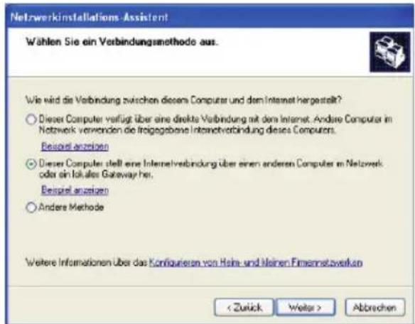 Netzwerkinstallations-Assistent Wählen Sie ein Verbindungsmethode aus. Wie wird die Verbindung zwischen diesem Computer und dem Internet hergestellt? ○ Dieser Computer verfügt über eine direkte Verbindung mit dem Internet. Andere Computer im Netzwerk verwenden die fristgegebene Internetverbindung dieses Computers. Beschl. anzeiten ○ Dieser Computer stellt eine Internetverbindung über einen anderen Computer im Netzwerk oder ein folktes Gateway her. Beschl. anzeiten ○ Andere Methode Weitere Informationen über das Konfigureran von Heine- und Meinen Firmenstavorken < Zurück Weiter > Abbrechen