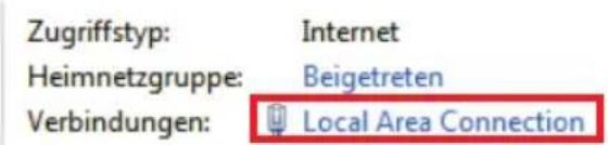 Zugriffstyp: Internet Heimnetzgruppe: Beigetreten Verbindungen: Local Area Connection
