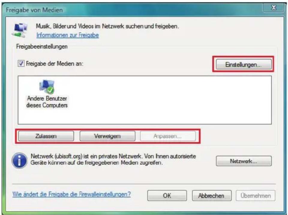 Freigabe von Medien Musik, Bilder und Videos im Netzwerk suchen und freigeben. Informationen zur Freigabe Freigabeinstellungen ✓ Freigabe der Medien an: Einstellungen... Andere Benutzer dieses Computers Zulassen Verweigem Anpassen... Netzwerk (ubisoft.org) ist ein privates Netzwerk. Von Ihnen autorsierte Geräte können auf de freigegebenen Medien zugreifen. Netzwerk... Wie ändert die Freigabe die Firewalleinstellungen? OK Abbrechen Ubemehmen