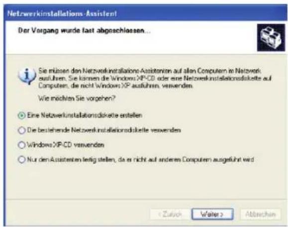 Netzwerkinstallations-Assistent Der Vorgang wurde fast abgeschlossen... Sie müssen den Netzwerkinstallations-Assistenten auf allen Computer in Netzwerk ausführen. Sie können die Windows XP-CD oder eine Netzwerkinstallationsdokette auf Computer, die nicht Windows XP ausführen, verwenden. Wie möchten Sie vorgehen? • Eine Netzwerkinstallationsdokette erstellen • Die bestehende Netzwerkinstallationsdokette verwenden • Windows XP-CD verwenden • Nur den Assistenten fertig stellen, da er nicht auf anderen Computer ausgeführt wird Zurich Weiter > Abbrachen