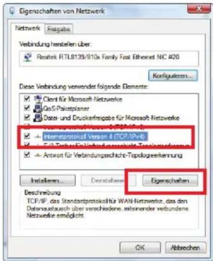 Eigenschaften von Netzwerk Netzwerk Fralgabe Verbindung herstellen über: Realtek RTL8139/B10x Family Fast Ethernet NIC 420 Konfiguieren... Diese Verbindung verwendet folgende Elemente: Client für Microsoft-Netzwerke GoS-Paketplaner Dauer- und Druckerfreigabe für Microsoft-Netzwerke Interprotokelt Version 4 (TCP/IPv4) F/U Topion-Er Verbindungsschicht-Topologesenkennung Antwort für Verbindungsschicht-Topologesenkennung Installern... Deutschland... Eigenschaften Beschreibung TCP/IP, das Standardprotokelt für WAN-Netzwerke, das den Detenzuschausch über verschiedene, mitender verbundene Netzwerke ermöglicht. OK Abbrechen