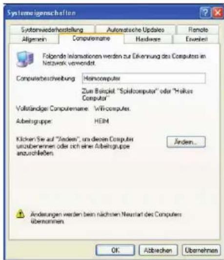 Systemeigenschaften Systemwiederherstellung Automatische Updates Remote Allgemein Computername Hardware External Folgende Informationen werden zur Erkennung des Computers im Netzwerk verwendet. Computerbeschreibung: Heimcomputer Zur Beispiel: "Spielcomputer" oder "Heikus Computer" Vollständiger Computername: Wi-computer. Arbeitgruppe: HEIM Klicken Sie auf "Andem", un diesen Computer unzuberernen oder sich einer Arbeitgruppe anzuschließen Änderungen werden beim nächsten Neustart des Computers übernommen ÖK Abbriehen Übernehmen