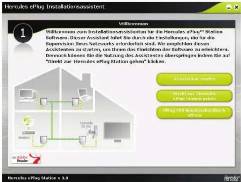 Hercules ePlug Installationsassistent Willkommen Willkommen zum Installationsassistenten für die Hercules ePlug™ Station Software. Dieser Assistant führt Sie durch die Einstellungen, die für die Supervision Ihres Netzwerks erforderlich sind. Wir empfehlen diesen Assistenten zu starten, um Ihnen das Einrichten der Software zu erleichtern. Dennoch können Sie die Nutzung des Assistenten überspringen indem Sie auf "Direkt zur Hercules ePlug Station gehen" klicken. Assistenten starten Direkt zur Hercules ePlug Station gehen ePlug 200 Sonnetzerhandbuch öffnen gerAdobe Reader Hercules ePlug Station v 3.0 Hercules