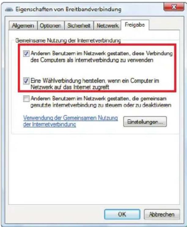 Eigenschaften von Breitbandverbindung Algemein Optionen Sicherheit Netzwerk Freigabe Gemeinsame Nutzung der Internetverbindung ✓ Anderen Benutzern im Netzwerk gestatten, diese Verbindung des Computers als Internetverbindung zu verwenden ✓ Eine Wahlverbindung herstellen, wenn ein Computer im Netzwerk auf das Internet zugreift ☐ Anderen Benutzern im Netzwerk gestatten, die gemeinsam genutzte Internetverbindung zu steuern oder zu deaktivieren Verwendung der Gemeinsamen Nutzung der Internetverbindung Einstellungen... OK Abbrechen