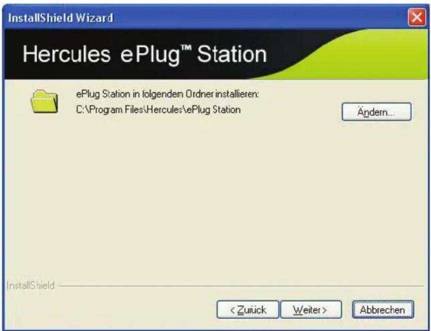 InstallShield Wizard Hercules ePlug™ Station ePlug Station in folgenden Ordner installieren: C:\Program Files\Hercules\ePlug Station Ändern... InstallShield Abbrechen