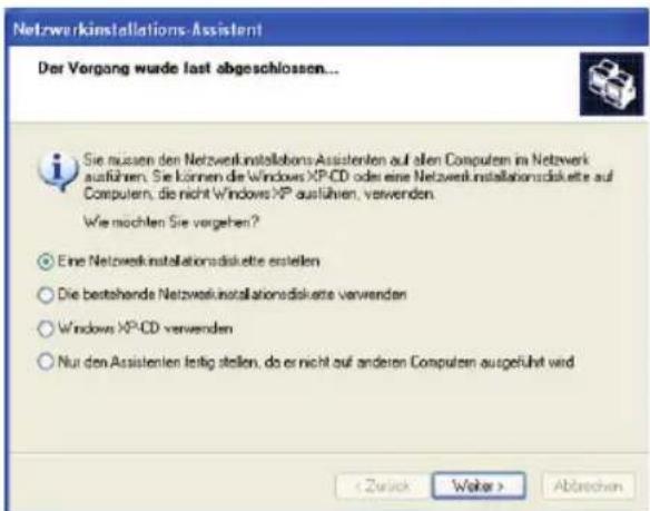 Netzwerkinstallations-Assistent Der Vergang wurde fast abgeschlossen... Sie müssen den Netzwerkinstallations-Assistenten auf allen Computers in Netzwerk ausführen. Sie können die Windows XP-CD oder eine Netzwerkinstallationsdiskette auf Computer, die nicht Windows XP ausführen, verwenden. Wie möchten Sie vorgehen? ● Eine Netzwerkinstallationsdiskette erstellen ○ Die bestehende Netzwerkinstallationsdiskette verwenden ○ Windows XP-CD verwenden ○ Nur den Assistenten leitig stellen, do er nicht auf anderen Computer ausgeführt wird < Zürich Weiter > Abtrechen