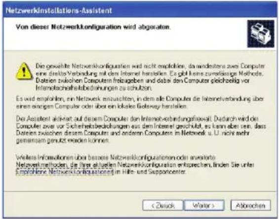 Netzwerkinstallations-Assistent Von dieser Netzwerkkonfiguration wird abgestaten. Die gewählte Netzwerkkonfiguration wird nicht emploken, da mindestens zves Computer eine direkte Verbindung mit den Internet herstellen. Es gibt keine zuverlässige Methods. Daten zwischen Computers freizugeben und dabei den Computer gleichzeitig vor Internschafterkredinungen zu schulzen. Es wird emploken, ein Netzwerk einzusieren, in dem alle Computer die Internetverbindung über einen encigen Computer oder über ein lokale Goleway herstellen. Der Assistent aktiviert auf diesem Computer den Internetverbindungskwalt. Dadurch wird der Computer zu vor Sicherheitsbedrohnungen aus dem Internet geschaltet, es kann aber sein, dass Daten zwischen diesem Computer und anderen Computers im Netzwerk u. U. nicht mehr gemeinsam genutz werden können. Weitere Informationen über basere Netzwerkkonfigurationen oder anesterte Netzwerkmethoden, die ihre aktuellen Netzwerkkonfiguration entsprechenden finden Sie unter Empreihende Netzwerkkonfigurationen im Hite- und Supportcenter. < Zwick Water > Abbrechen