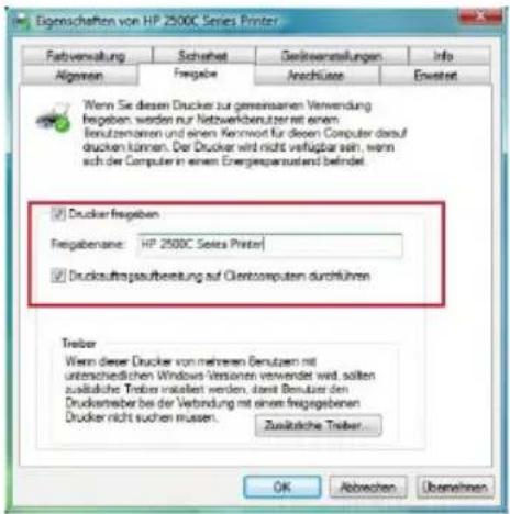 Eigenschaften von HP 2500C Series Printer Fabverwaltung Sicherheit Gestrießenslungen Info Algemein Freigabe Anschüsse Euwertet Wenn Sie diesen Drucker zur gemeinsamen Verwendung frgegeben werden nur Netzwerkbenutzer mit einem Benutzemaren und einen Kenwort für diesen Computer darauf drucken können. Der Drucker wird nicht verfügbar sein, wenn sich der Computer in einen Energiespanausland befindet. Drucker frageben Freigabename: HP 2500C Series Printer Druckauftragsaufbereitung auf Clientcomputen durchführen Treiber Wenn dieser Drucker von mehreren Benutzen mit unterschiedlichen Windows Versionen verwendet wird, sollten zusätzliche Treiber installiert werden, damit Benutzer den Druckstreiber bei der Verbindung mit einem freigesgebenen Drucker nicht suchen müssen. Zusätzliche Treiber... OK Abbrechen Überehen