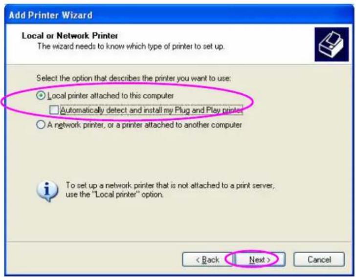 Add Printer Wizard Local or Network Printer The wizard needs to know which type of printer to set up. Select the option that describes the printer you want to use: ○ Local printer attached to this computer □ Automatically detect and install my Plug and Play printer ○ A network printer, or a printer attached to another computer To set up a network printer that is not attached to a print server, use the "Local printer" option. < Back Next > Cancel