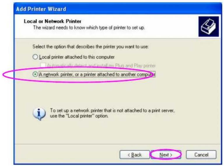 Add Printer Wizard Local or Network Printer The wizard needs to know which type of printer to set up. Select the option that describes the printer you want to use: ○ Local printer attached to this computer □ Automatically default and install my Plug and Play printer ● A network printer, or a printer attached to another computer To set up a network printer that is not attached to a print server, use the "Local printer" option. < Back Next > Cancel