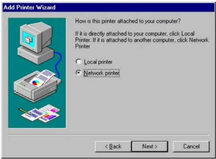 Add Printer Wizard How is this printer attached to your computer? If it is directly attached to your computer, click Local Printer. If it is attached to another computer, click Network Printer ○ Local printer ● Network printer < Back Next > Cancel