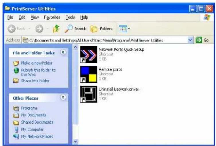 PrintServer Utilities File Edit View Favorites Tools Help Back Search Folders Address C:\Documents and Settings\All Users\Start Menu\Programs\PrintServer Utilities Go File and Folder Tasks Make a new folder Publish this folder to the Web Share this Folder Other Places Programs My Documents Shared Documents My Computer My Network.Places Network Ports Quick Setup Shortcut 1 KB Remote ports Shortcut 1 KB Uninstall Network driver Shortcut 1 KB