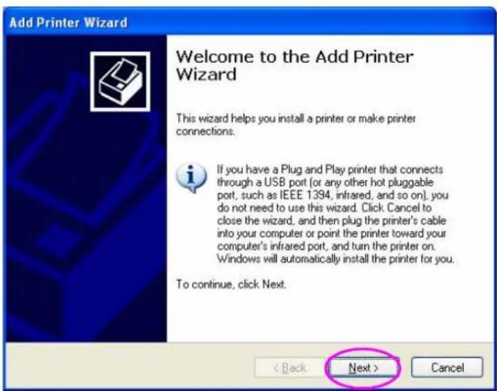 Add Printer Wizard Welcome to the Add Printer Wizard This wizard helps you install a printer or make printer connections. If you have a Plug and Play printer that connects through a USB port (or any other hot pluggable port, such as IEEE 1394, infrared, and so on), you do not need to use this wizard. Click Cancel to close the wizard, and then plug the printer's cable into your computer or point the printer toward your computer's infrared port, and turn the printer on. Windows will automatically install the printer for you. To continue, click Next. < Back Next > Cancel