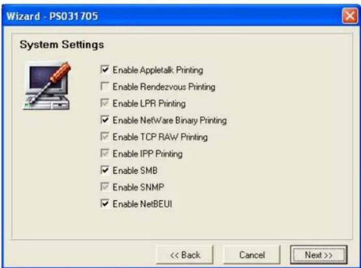 Wizard - PS031705 System Settings Enable Appletalk Printing Enable Rendezvous Printing Enable LPR Printing Enable NetWare Binary Printing Enable TCP RAW Printing Enable IPP Printing Enable SMB Enable SNMP Enable NetBEUI << Back Cancel Next >>