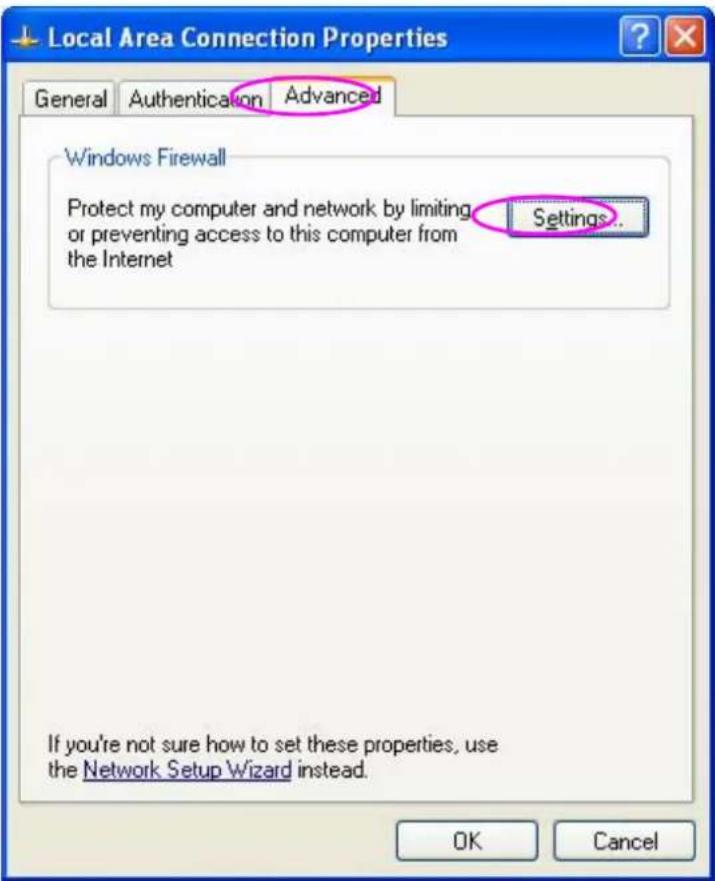 Local Area Connection Properties General Authentication Advanced Windows Firewall Protect my computer and network by limiting or preventing access to this computer from the Internet Settings... If you're not sure how to set these properties, use the Network Setup Wizard instead. OK Cancel