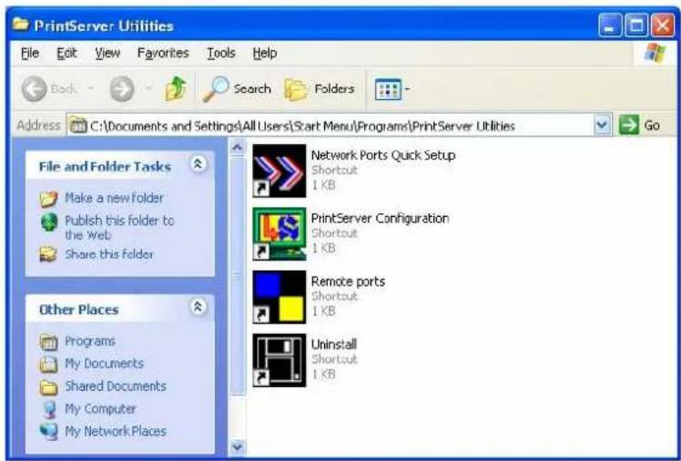 PrintServer: Utilities File Edit View Favorites Tools Help Back Search Folders Address C:\Documents and Settings\All Users\Start Menu\Programs\PrintServer Utilities Go File and Folder Tasks Make a new folder Publish this folder to the Web Share this Folder Other Places Programs My Documents Shared Documents My Computer My Network Places Network Ports Quick Setup Shortcut 1 KB PrintServer Configuration Shortcut 1 KB Remote ports Shortcut 1 KB Uninstall Shortcut 1 KB