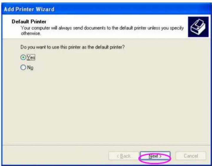 Add Printer Wizard Default Printer Your computer will always send documents to the default printer unless you specify otherwise. Do you want to use this printer as the default printer? Yes No < Back Next > Cancel