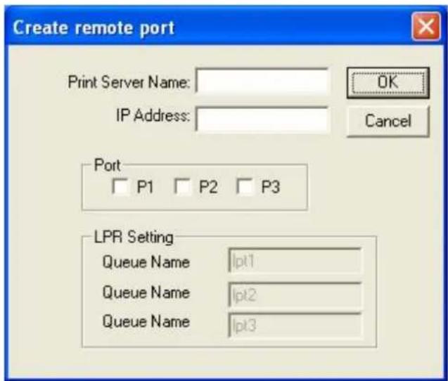 Create remote port Print Server Name: IP Address: Port P1 P2 P3 LPR Setting Queue Name lpt1 Queue Name lpt2 Queue Name lpt3