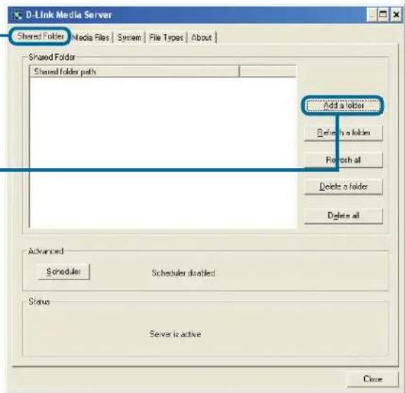 D-Link Media Server Shared Folder Media Files System File Types About Shared Folder Shared folder path Add a folder Delete a folder For each all Delete a folder Delete all Advanced Schedule Schedules disabled Status Server is active Close