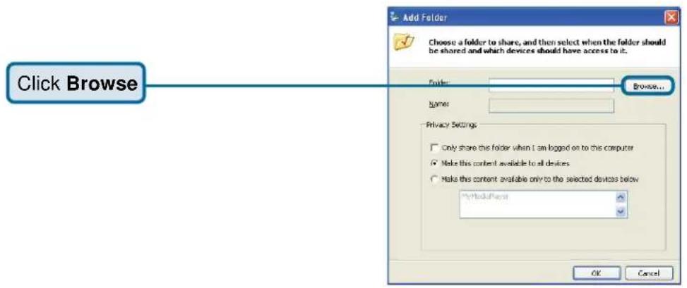 Add Folder Choose a folder to share, and then select when the folder should be shared and which devices should have access to it. Folder: Browse... Name: Privacy Settings Only share this folder when I am logged on to this computer Make this content available to all devices Make this content available only to the selected devices below Method/Server OK Cancel