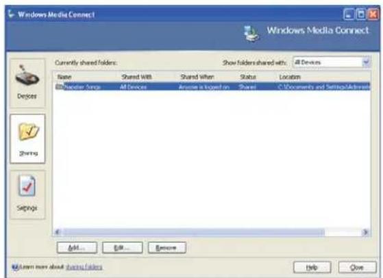 Windows Media Connect Windows Media Connect Currently shared folders: Show folders shared with: All Devices Name Shared With Shared When Statusancy Location C:\Transfer\Store All Devices Aware is important on Sharet C:\Documents and Settings\Administrator\ Add... Edit... Remove Help Close © Learn more about