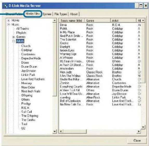D-Link Media Server Movie Files System | File Types | About | Movie Music All Tracks Playlets Genres A News Church Coldplay Climberries Despeche Mode Doos Duran Duran Joy Division Linkin Park Love And Rockets Moursey New Order Nine Inch Nails Offspring Others Prodigy R.E.M. Soft Cell The Offspring The Smiths Tool U2 Task name (Title) Genre Audit Alt Drive Rock R.E.M. Politik Rock Coldplay A In My Place Rock Coldplay A God Put A Smile ... Rock Coldplay A The Scientist Rock Coldplay A Cooks Rock Coldplay A Daylight Rock Coldplay A Green Eyes Rock Coldplay A Warning Sign Rock Coldplay A A Wringer Rock Coldplay A 08 Tears In Heavy... Others Others Q1 A Push Of Blood... Rock Coldplay A Amsterdam Rock Coldplay A Hey Judc Classic Rock Boofles Q1 I Am The Walsus Classic Rock Boofles Q1 Under the Milky... Alternative Crunch Q1 Zombie Alternative Climberries Q1 Everything Counts Alternative Despeche Mode Q1 A View To A Kill Others Duran Duran Q1 Love Will You Us... Alternative Joy Division Q1 carving Alternative Linkin Park Hj Ball of Conclusion Alternative Love And Rock...Q1 No New Taks To... Rock Love And Rock...E: Close