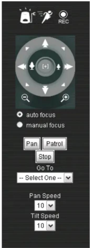 [+] auto focus manual focus Pan Patrol Stop Go To -- Select One -- Pan Speed 10 Tilt Speed 10