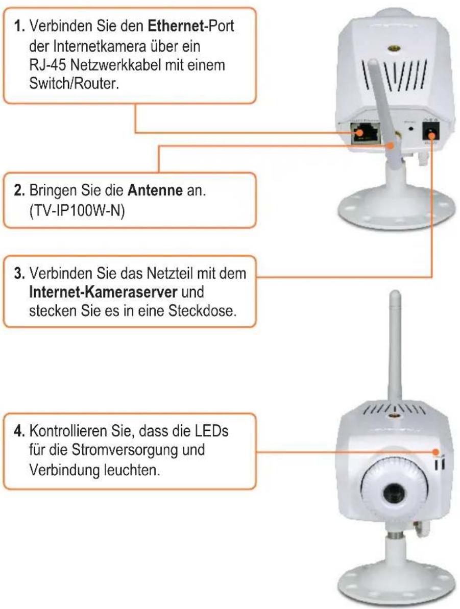 1. Verbinden Sie den Ethernet-Port der Internetkamera über ein RJ-45 Netzwerkkabel mit einem Switch/Router. 2. Bringen Sie die Antenne an. (TV-IP100W-N) 3. Verbinden Sie das Netzteil mit dem Internet-Kameraserver und stecken Sie es in eine Steckdose. 4. Kontrollieren Sie, dass die LEDs für die Strom…