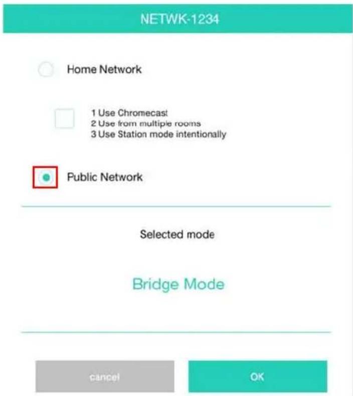 NETWK-1234 Home Network 1 Use Chromecast 2 Use from multiple rooms 3 Use Station mode intentionally Public Network Selected mode Bridge Mode cancel OK