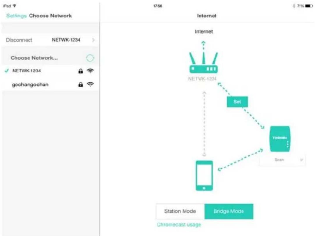 iPad Settings Choose Network Disconnect NETWK-1234 > Choose Network... ✓ NETWK-1234 gochangochan 17:56 Internet Internet NETWK-1234 Set TOSHIMA Scan Station Mode Bridge Mode Chromecast usage