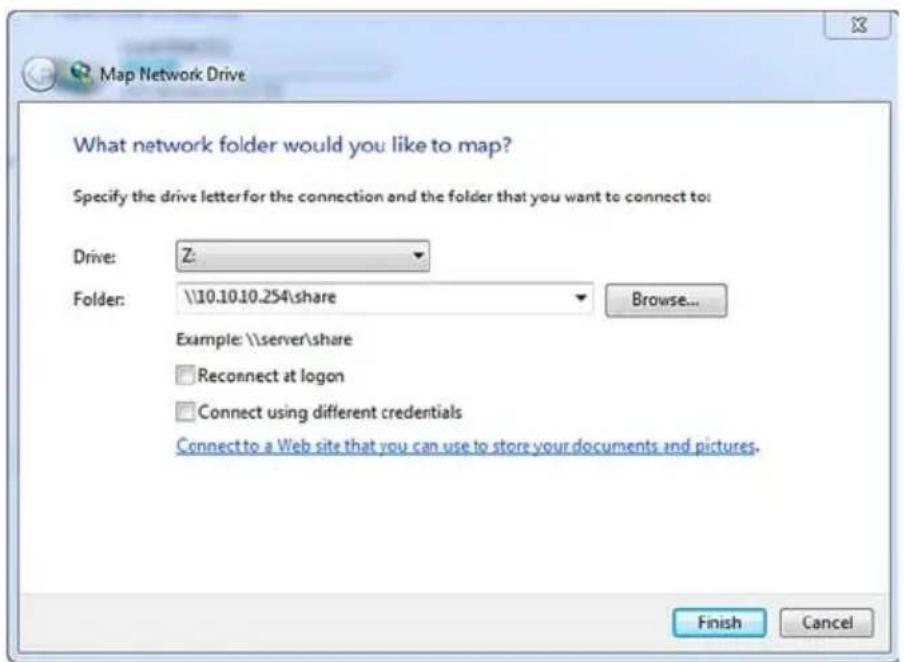 Map Network Drive What network folder would you like to map? Specify the drive letter for the connection and the folder that you want to connect to: Drive: Z Folder: \\10.10.10.254\share Browse... Example: \server\share Reconnect at logon Connect using different credentials Connect to a Web site that you can use to store your documents and pictures. Finish Cancel