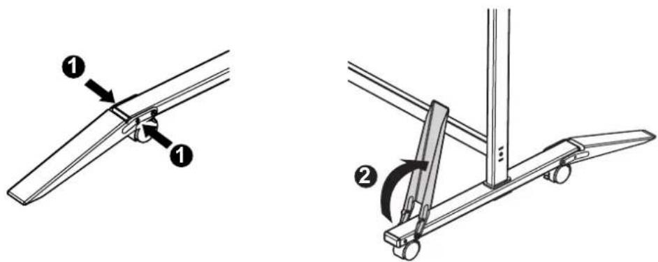 Technical diagram showing two mechanical assembly steps with numbered components and directional arrows indicating motion or movement.