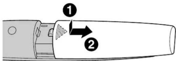 Diagram of a device with numbered components and directional arrows indicating flow or movement
