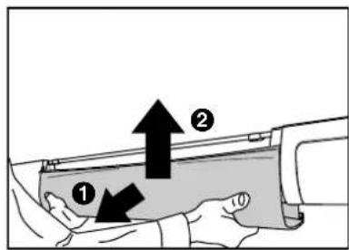Diagram showing two labeled arrows pointing to a mechanical component, with numbered annotations ① and ② indicating different positions or states.