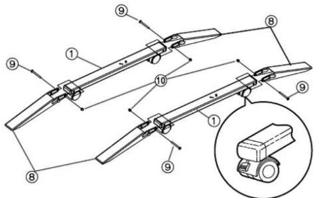 Technical diagram of a mechanical assembly with numbered components and an inset view of a truck component.