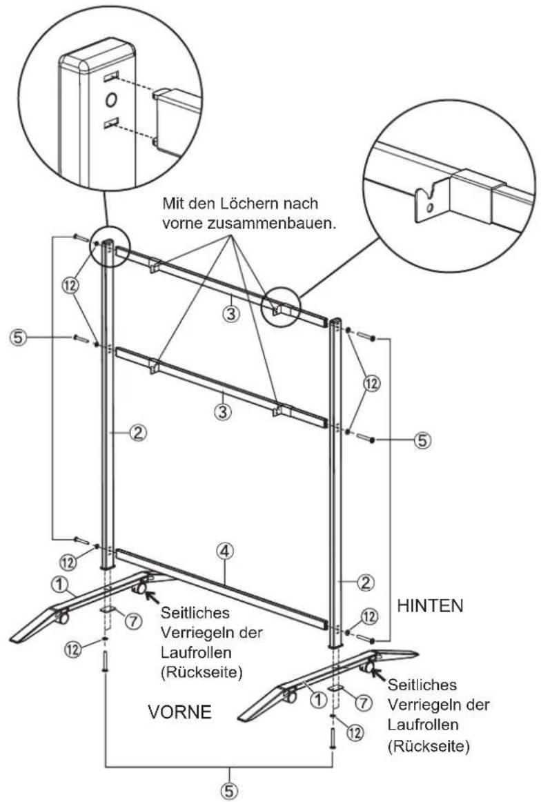 Mit den Löchern nach vorne zusammenbauen. HINTEN Seitliches Verriegeln der Laufrollen (Rückseite) Seitliches Verriegeln der Laufrollen (Rückseite) VORNE