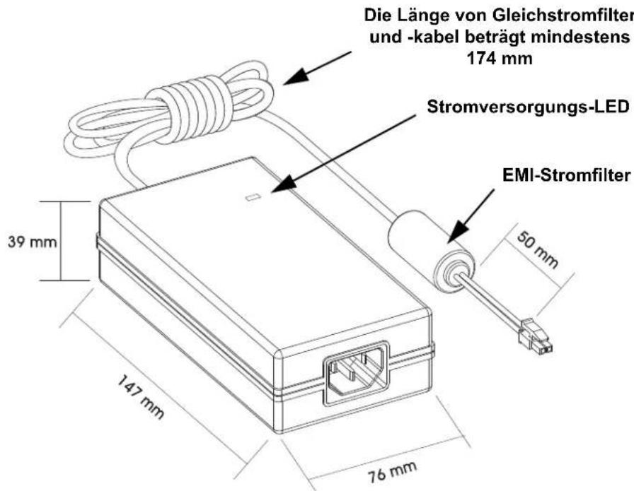 Die Länge von Gleichstromfilter und -kabel beträgt mindestens 174 mm Stromversorgungs-LED EMI-Stromfilter 39 mm 147 mm 76 mm 50 mm