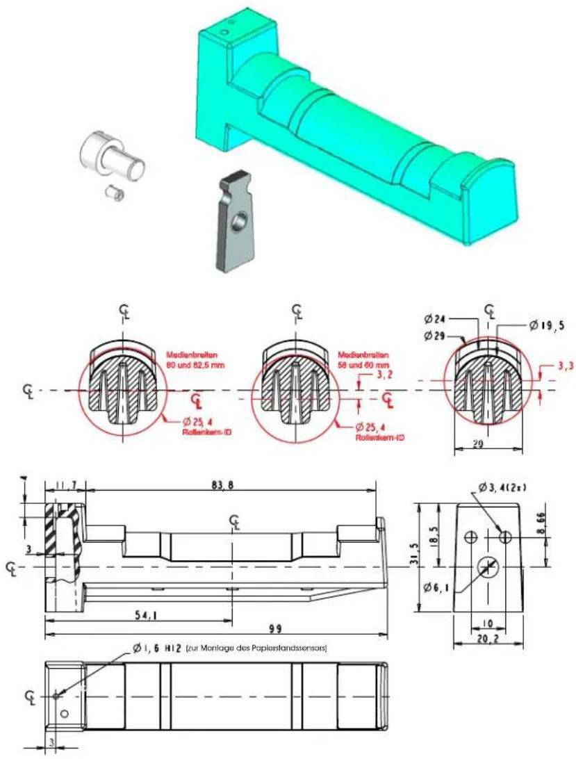 Medienbrelten 80 und 82,5 mm Rottenkern-ID Medienbrelten 58 und 60 mm 3,2 Rottenkern-ID Ø24 Ø29 Ø19,5 3,3 20 Ø3,4(2x) 83,8 31,5 18,5 Ø6,1 54,1 99 Ø1,6 H12 (zur Montage des Papierstandssensors) Ø1,6 H12 (zur Montage des Papierstandssensors)