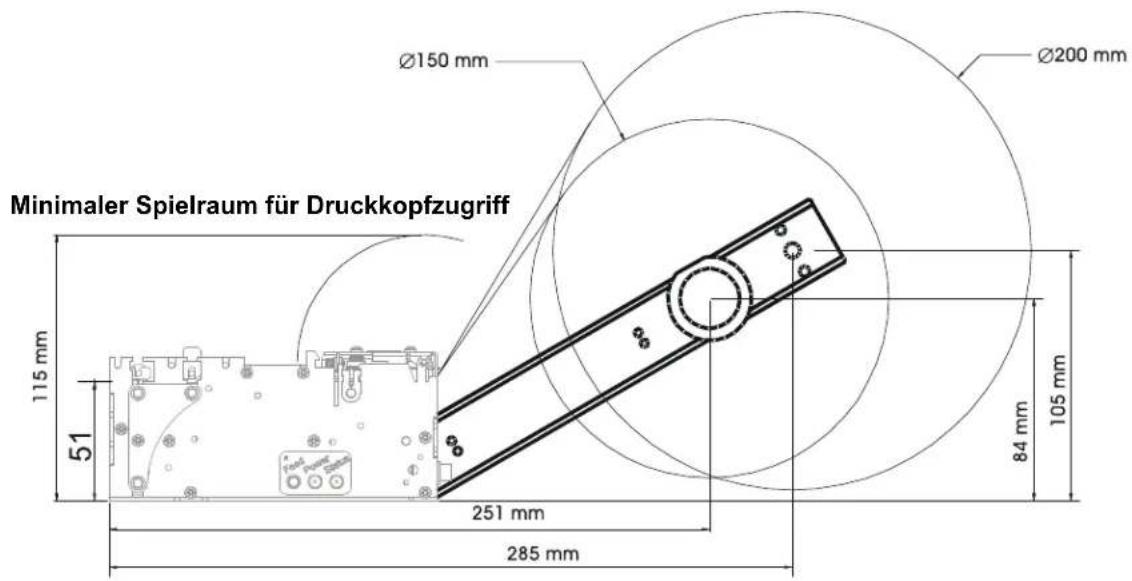 Minimaler Spielraum für Druckkopfzugriff Ø150 mm Ø200 mm 115 mm 51 251 mm 285 mm 84 mm 105 mm
