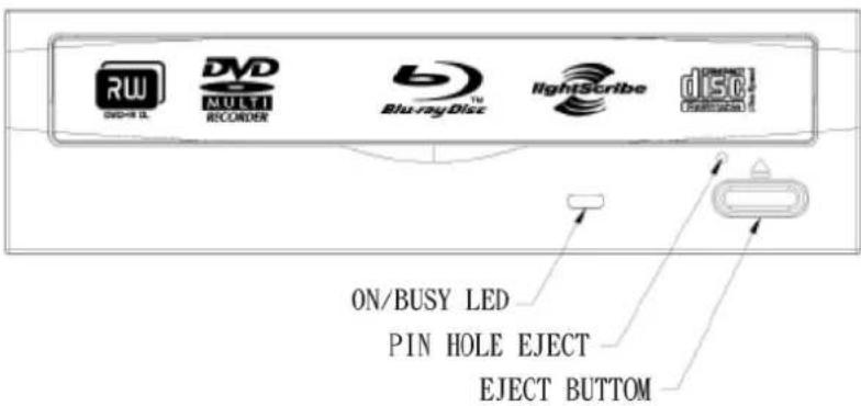 RW DVD MULTI RECORNER Blu-ray/Dist lightscribe DISC ON/BUSY LED PIN HOLE EJECT EJECT BUTTON