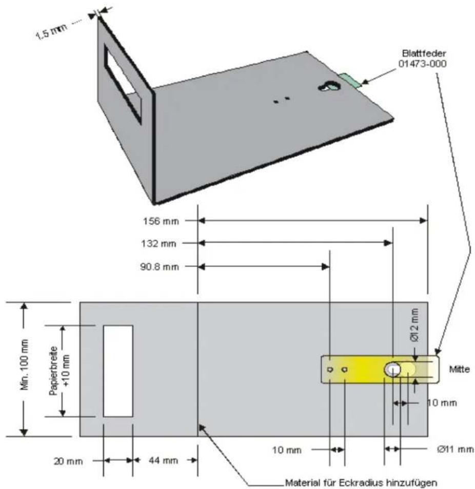 1.5 mm Blattfeder 01473-000 156 mm 132 mm 90.8 mm Min. 100 mm Papierbreite +10 mm Ø12 mm Mitte 10 mm 20 mm 44 mm 10 mm Ø11 mm Material für Eckradius hinzufügen